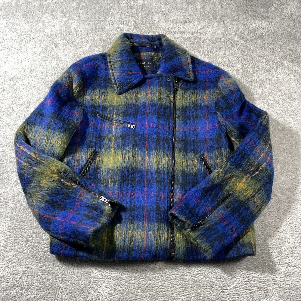 AllSaints Jacket Blue Plaid Wool Blend Moto‎ Biker Style Full Zip